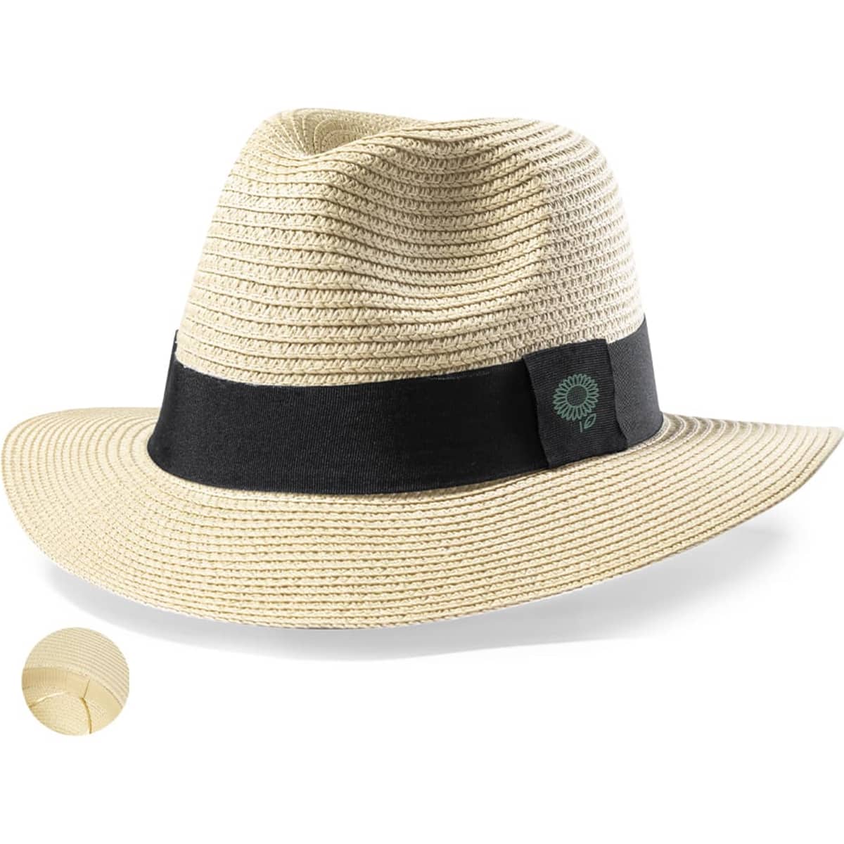 A beige brimmed hat with a black band and a circular logo. Textured straw material with a flexible shape.