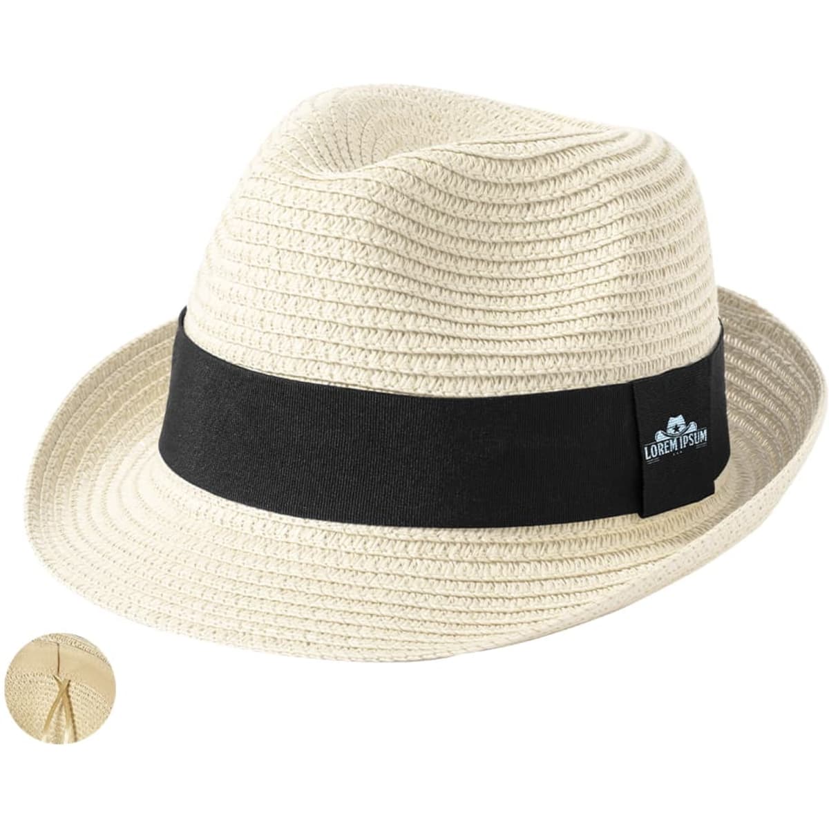 A beige straw hat with a black band and a logo. The hat features a classic fedora style.