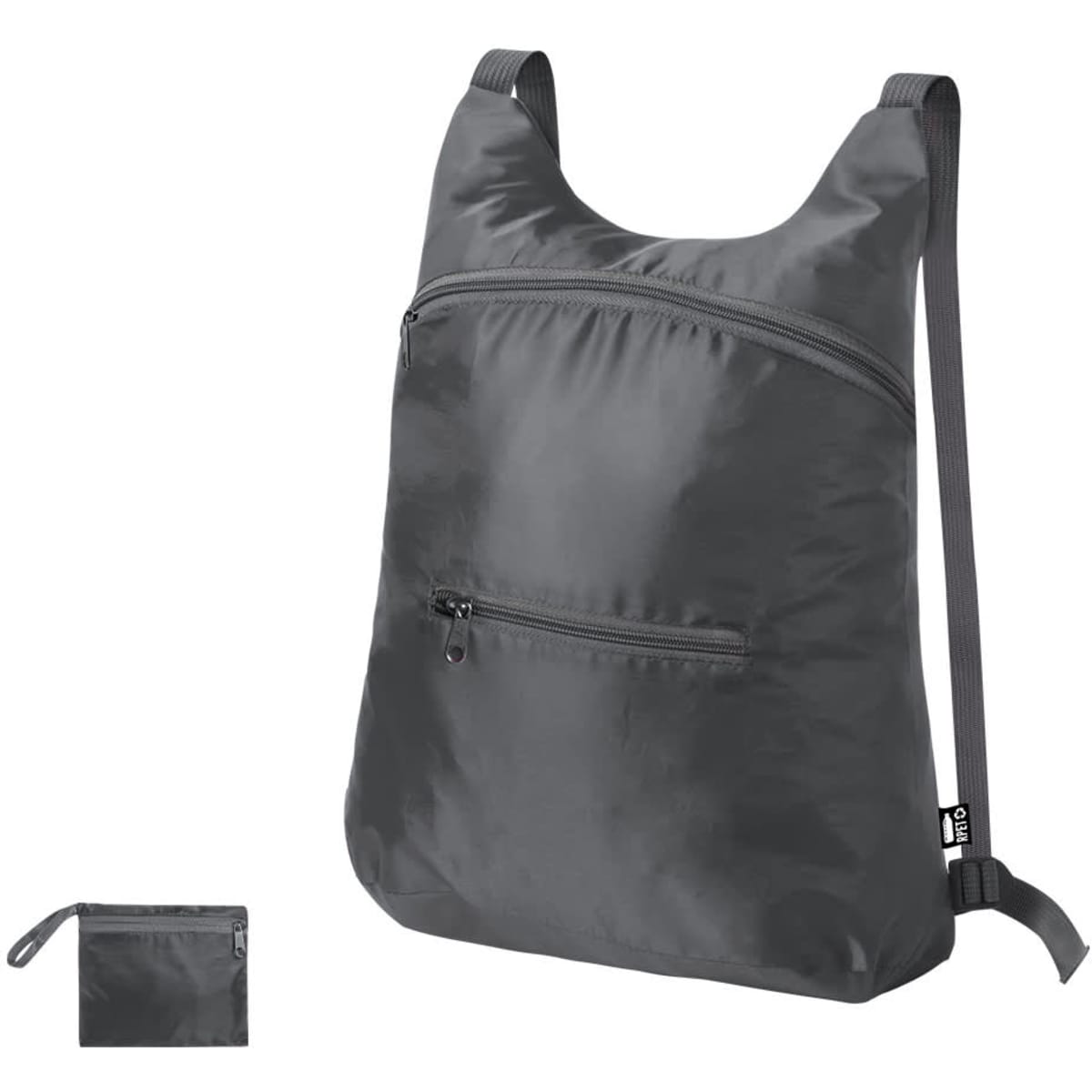 A grey foldable drawstring bag with adjustable straps and a front zip pocket, featuring a logo.