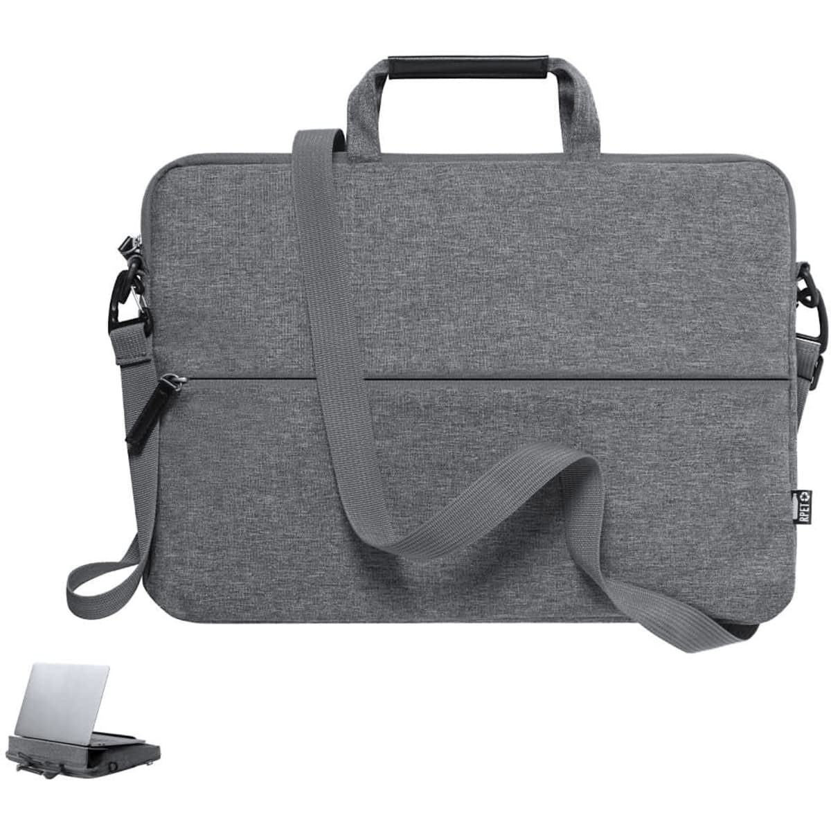 A grey laptop bag with a handle and shoulder strap, featuring a logo and a sleek design.