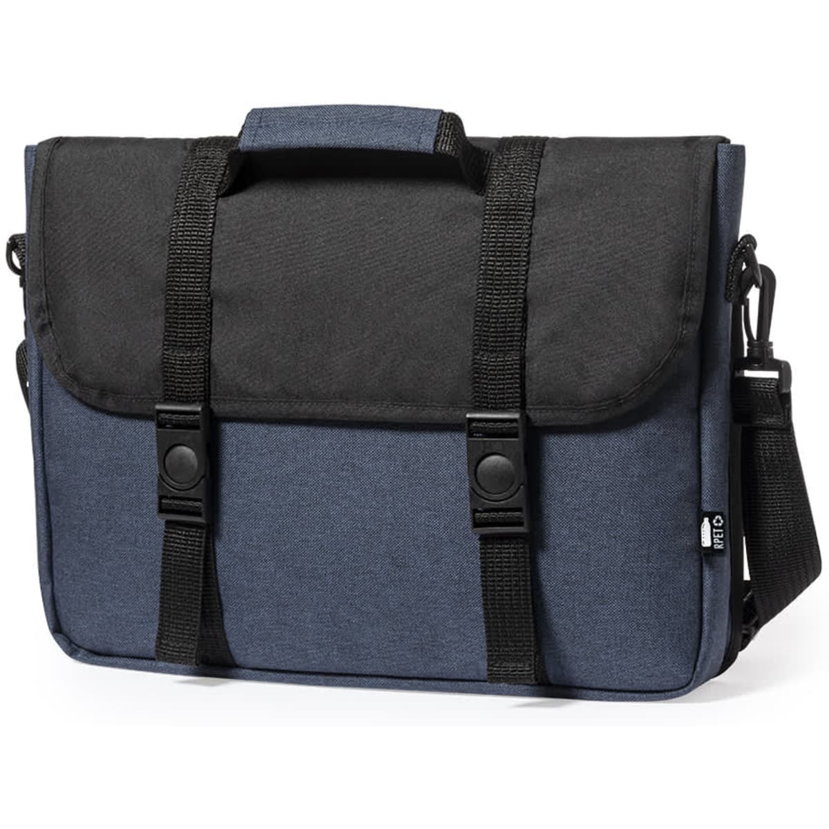 A navy and black laptop bag with adjustable straps and a flap closure, featuring a branding logo.