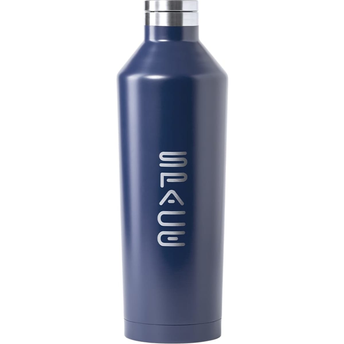 A drink bottle in navy blue with a sleek design and a logo on the side.