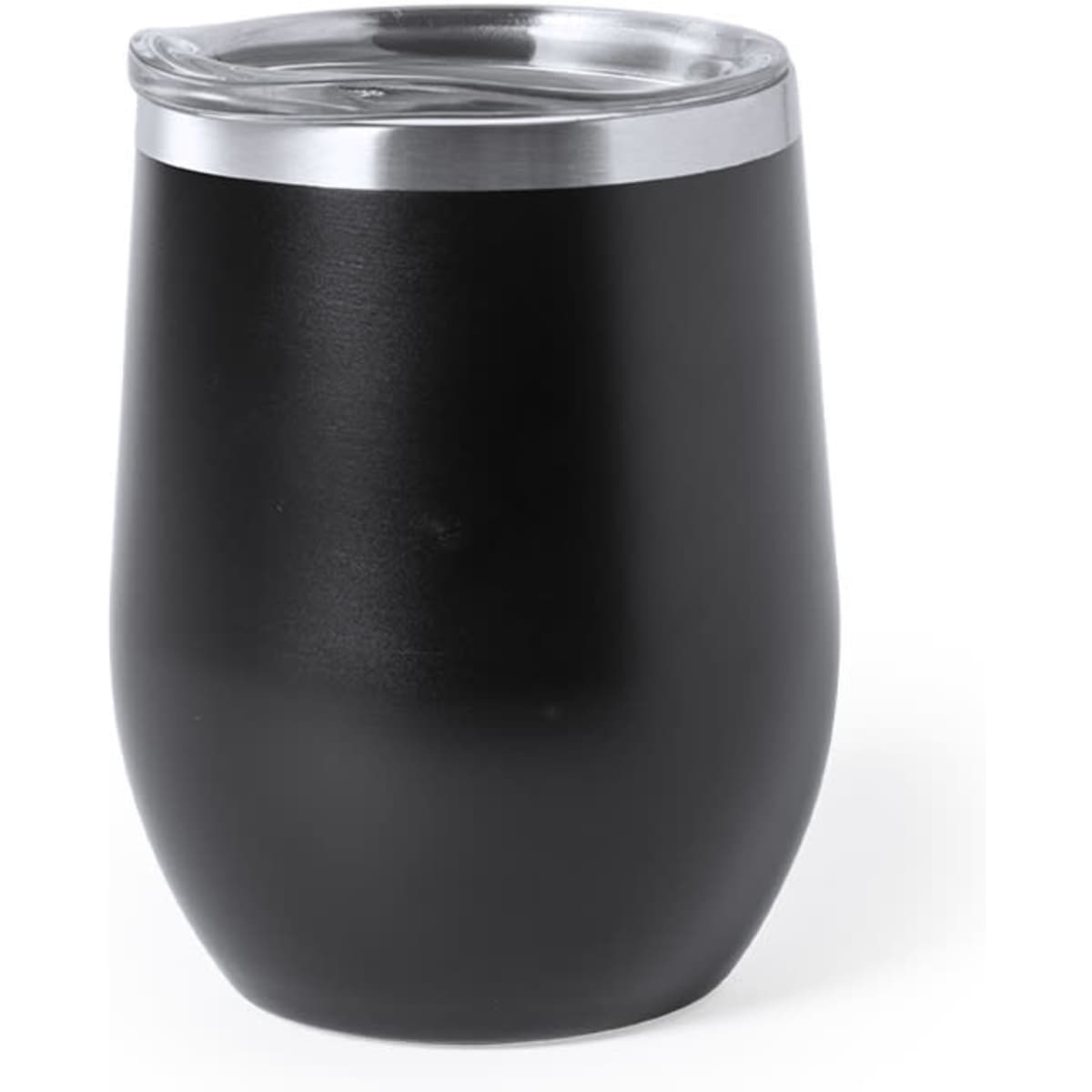 A drink bottle featuring a sleek black design with a stainless steel lid, showcasing a modern insulated cup shape.