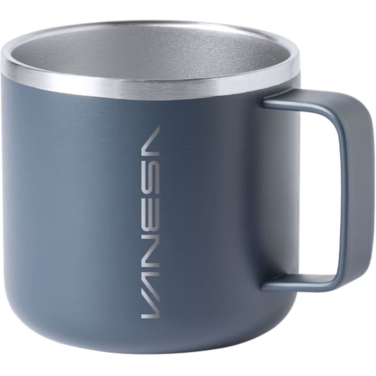 A travel mug with a matte blue exterior and a stainless steel interior, featuring a handle and a logo.