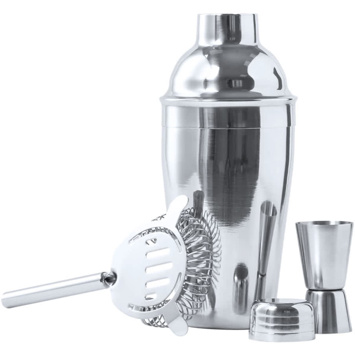 A drink bottle set featuring a shiny silver cocktail shaker, strainer, and jigger, all made of stainless steel.