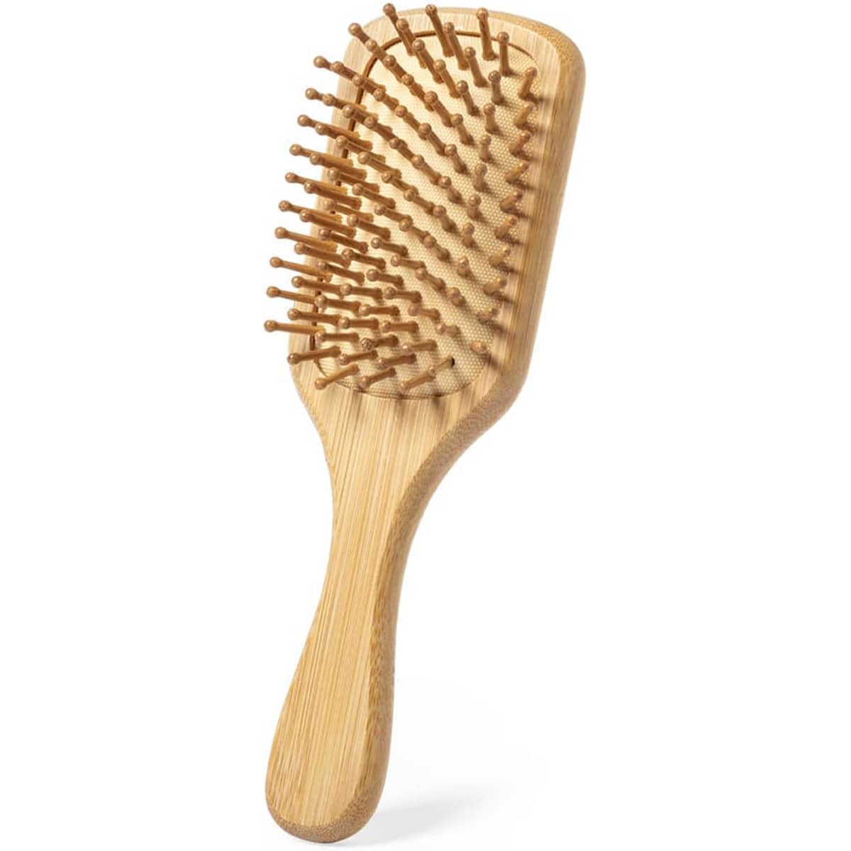 A wooden hairbrush with a rectangular paddle and rounded bristles, featuring a natural finish. It has a simple design.