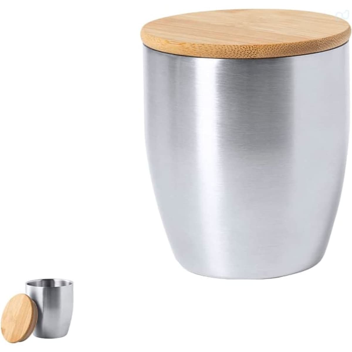 A drink bottle with a stainless steel body and a bamboo lid. It has a sleek, modern design.