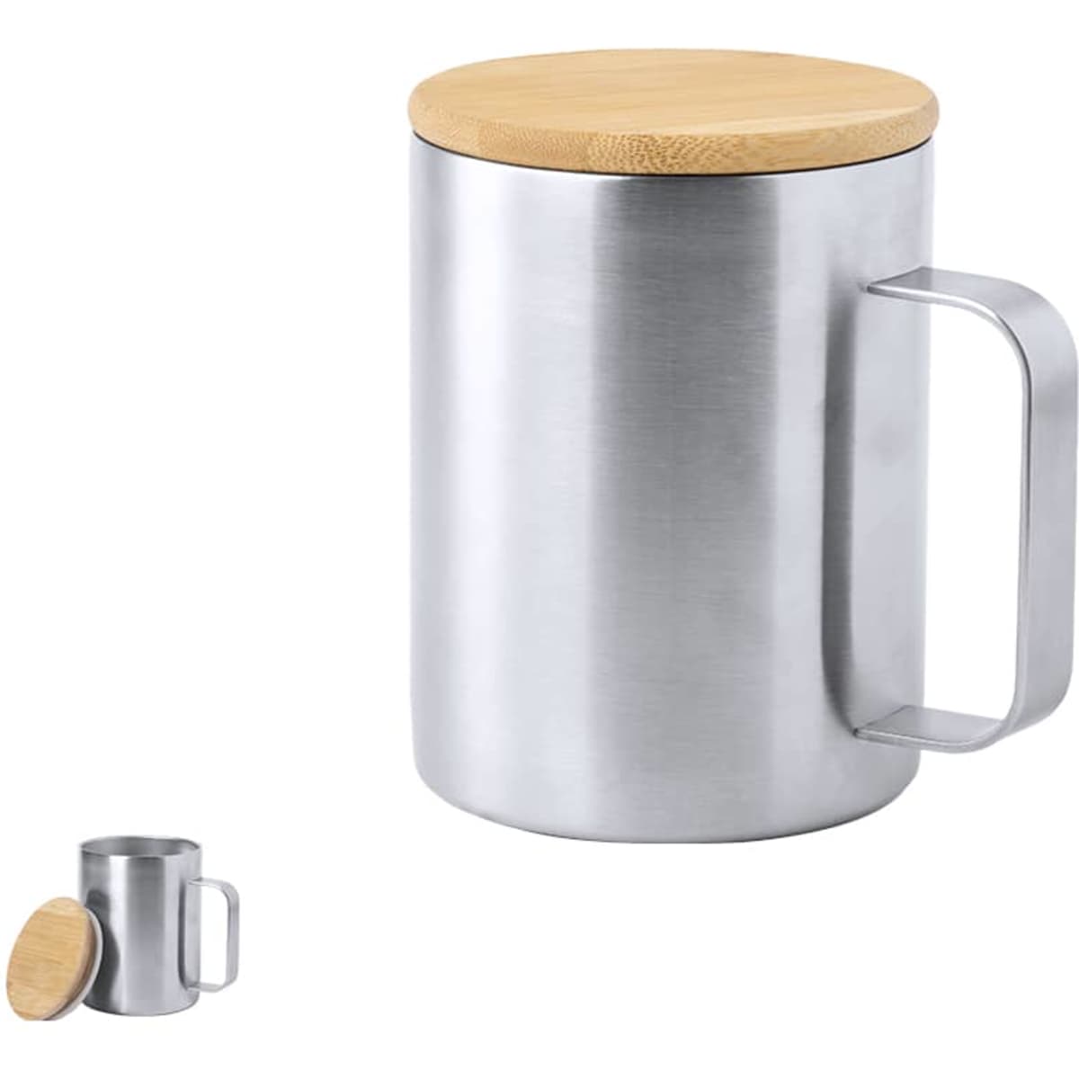 An insulated travel mug in silver stainless steel with a bamboo lid and handle.