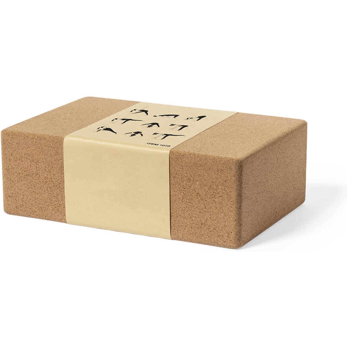 A cork yoga block with rounded edges, featuring a paper band showing yoga positions. Brown in colour.