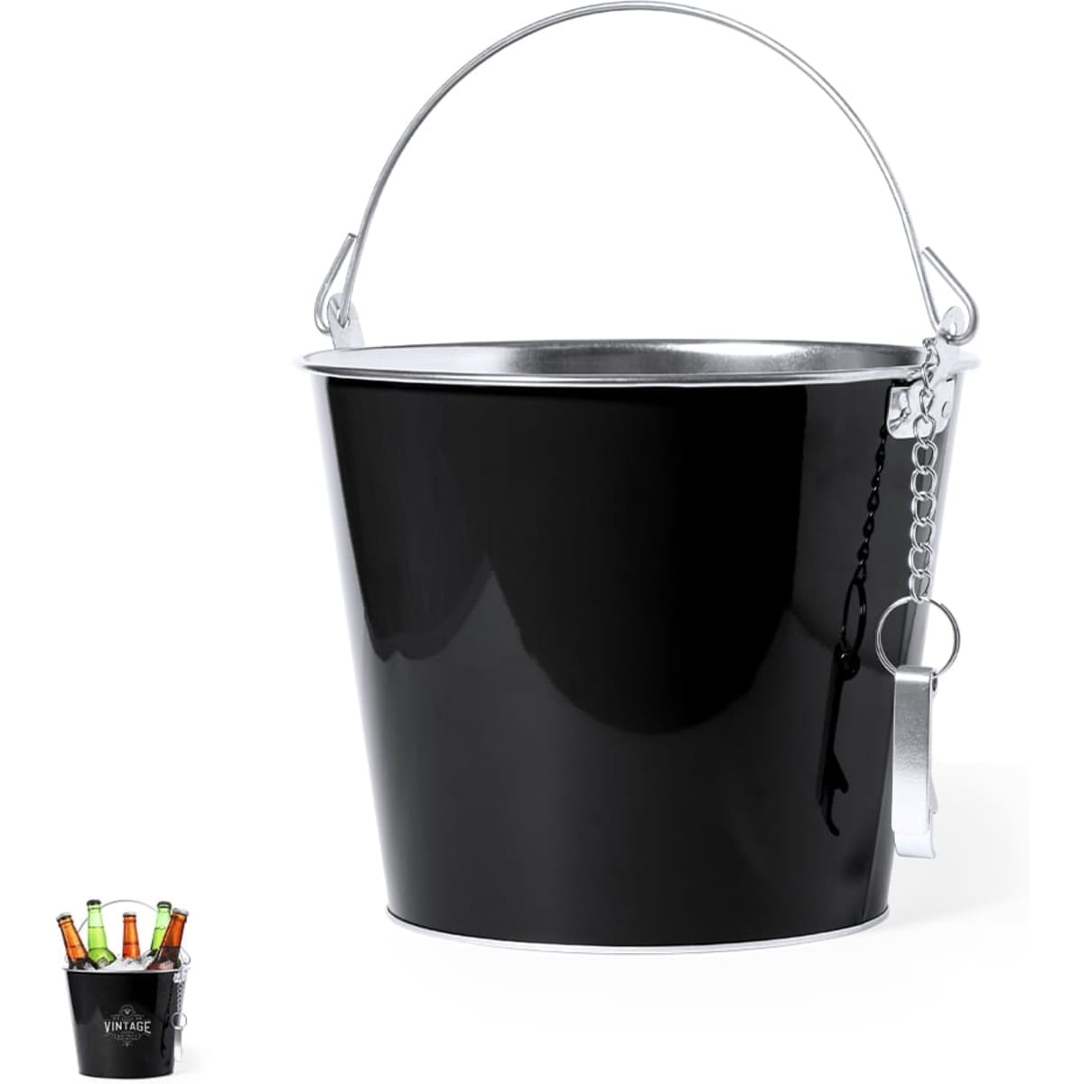 A drink bottle opener in a sleek black finish, featuring a handle and attached keyring. Includes a bucket-like design.