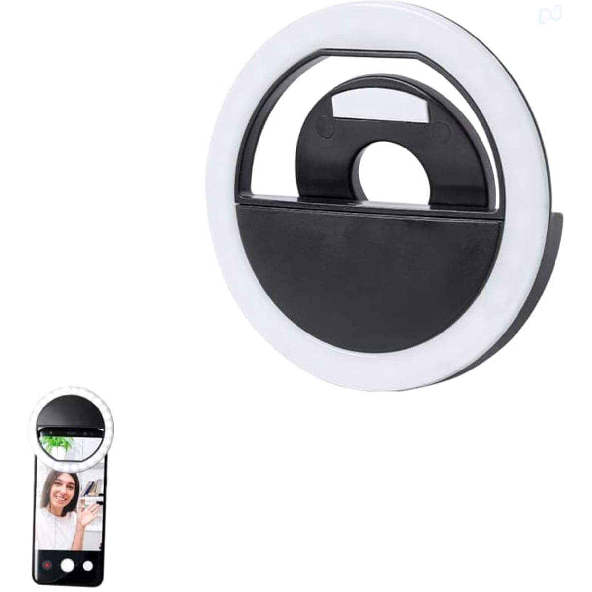 A ring light with a black centre and white rim, designed for phone use, featuring a circular shape and branding.