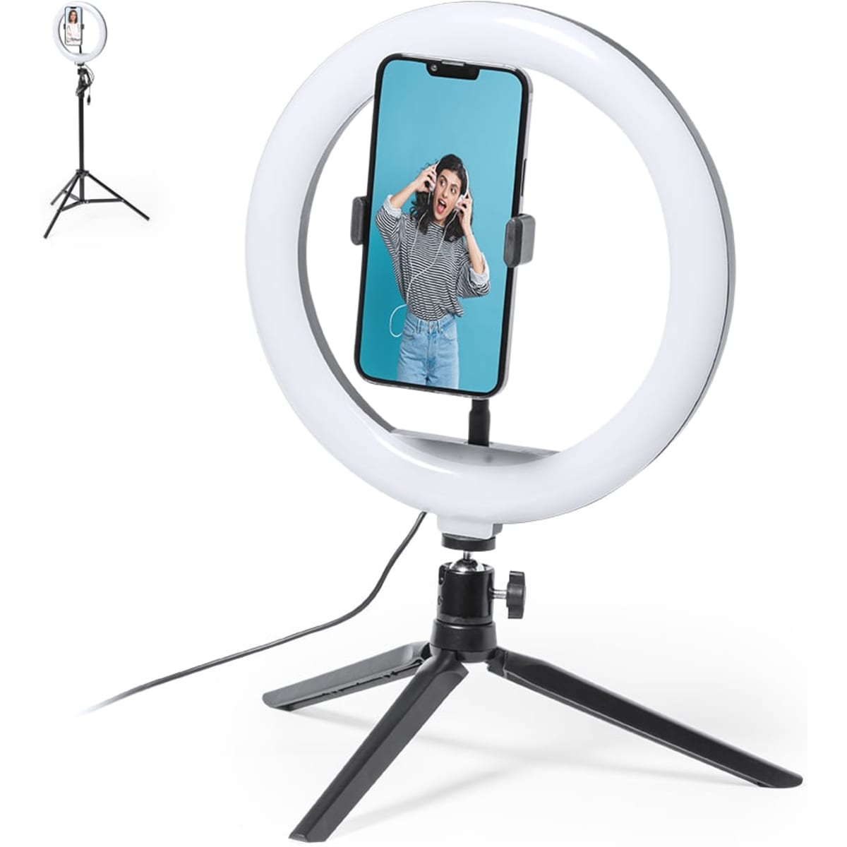 A white ring light with a black tripod, featuring a phone holder, designed for enhanced lighting.