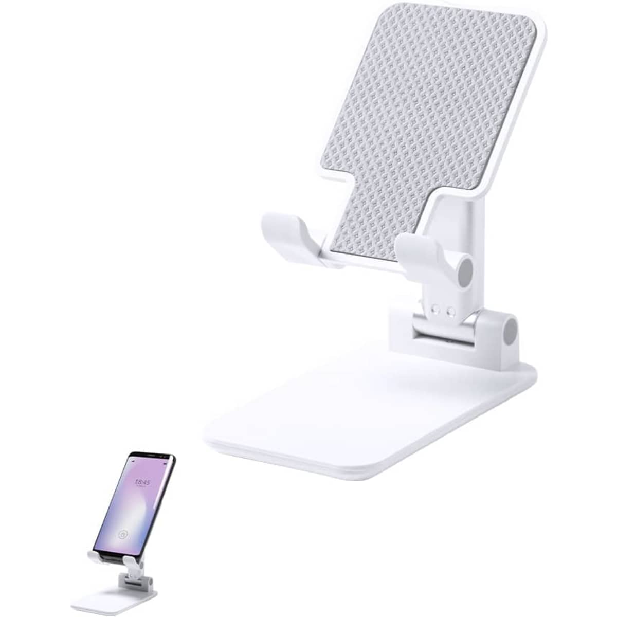 A white phone stand with a textured backing and adjustable angle, featuring a base to support devices.