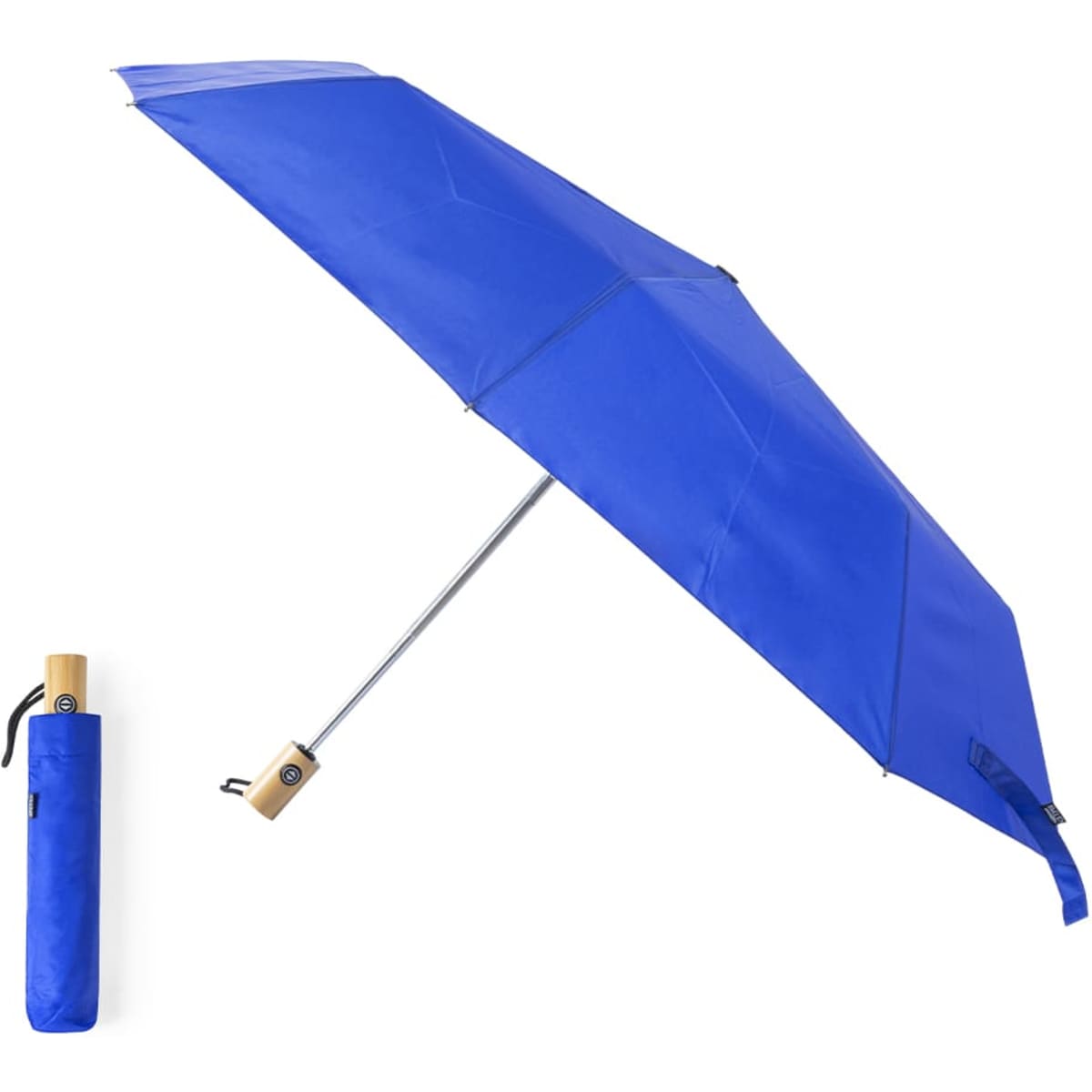 A blue umbrella with a wooden handle, displayed alongside its matching carry case.