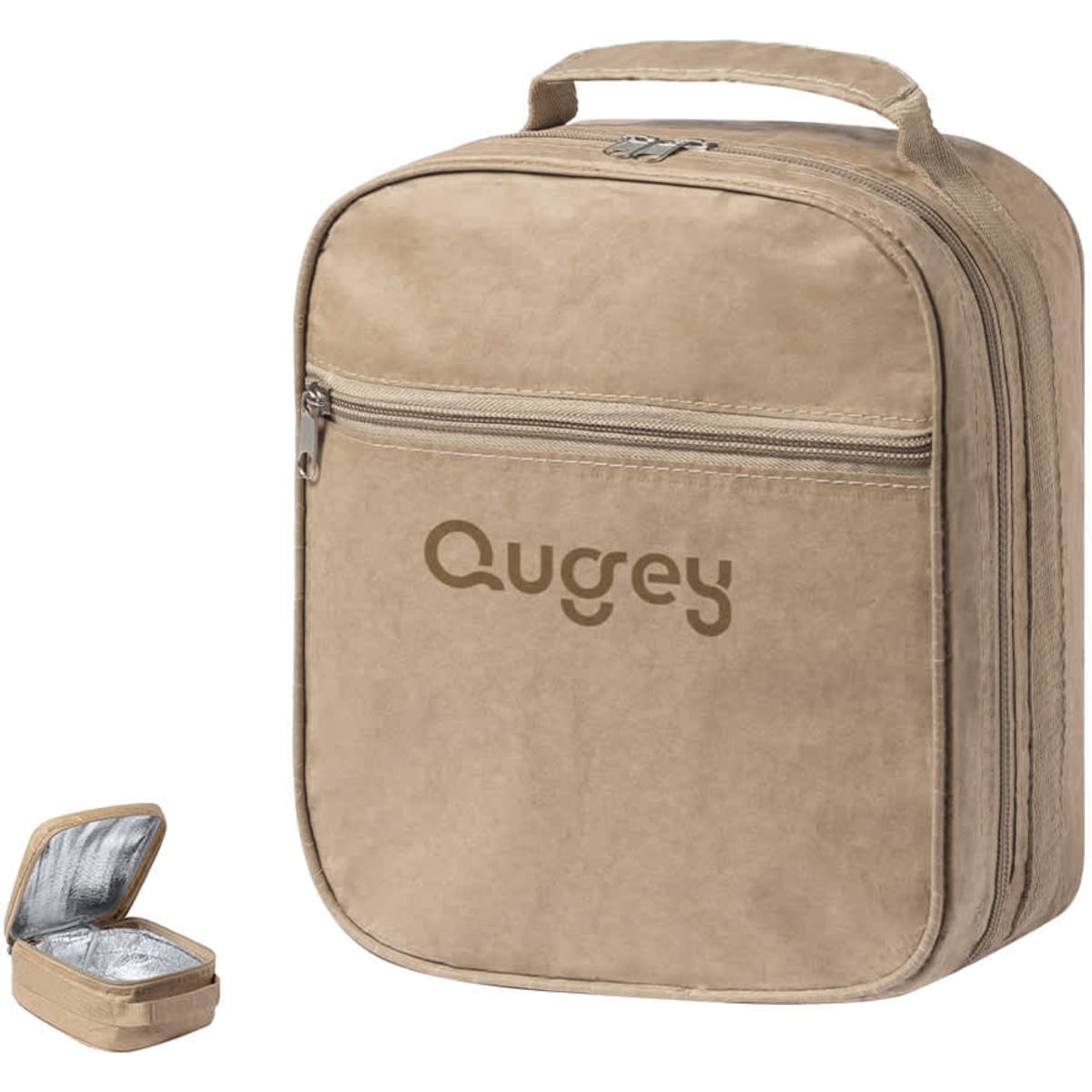 A beige cooler bag with a zip closure and a handle, featuring a smaller insulated container beside it.