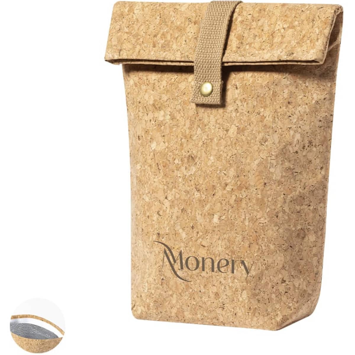 A tan insulated cooler bag with a fold-over top and a logo. Features a smooth interior lining.