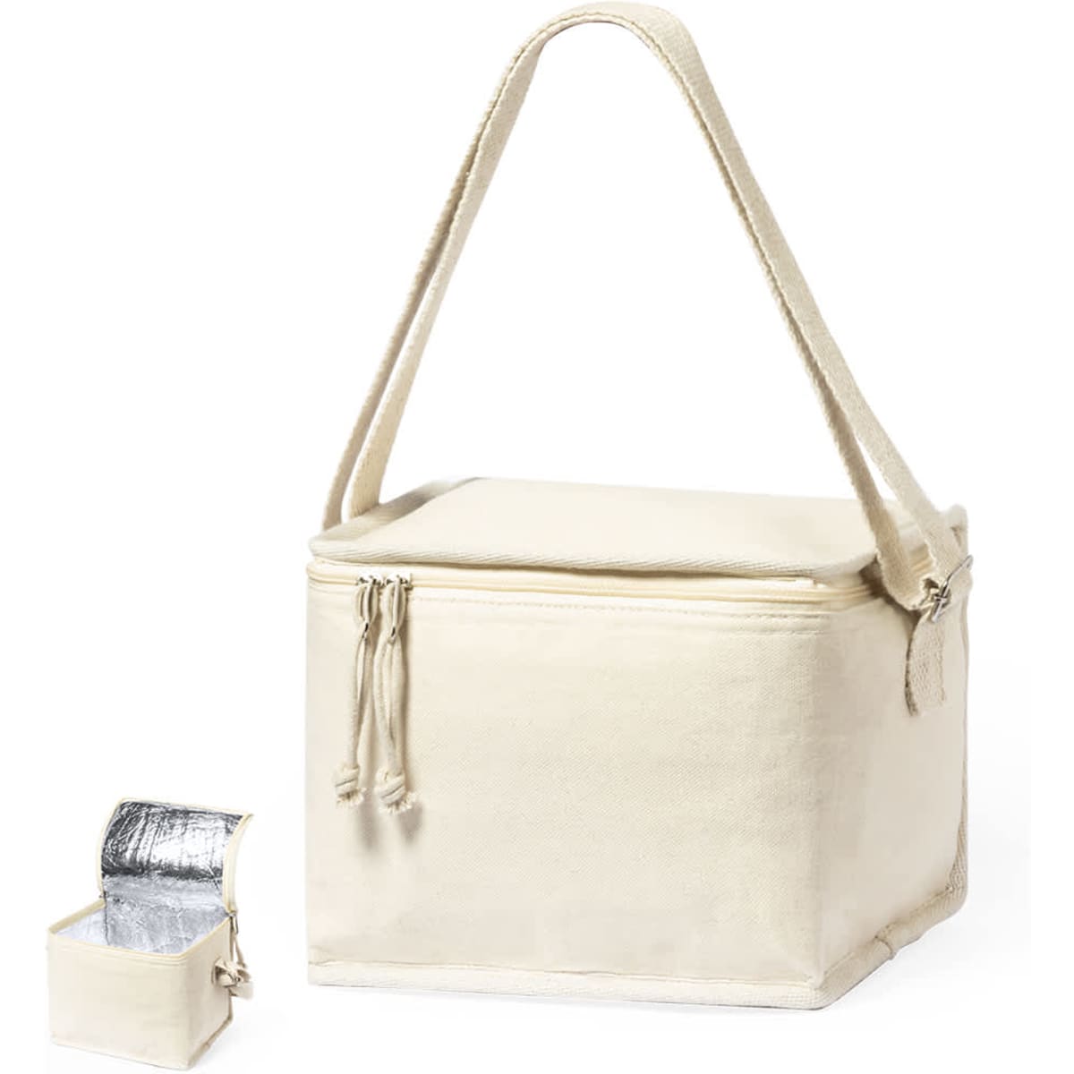 A cream cooler bag with a zip closure and a shoulder strap, accompanied by a small silver ice pack.