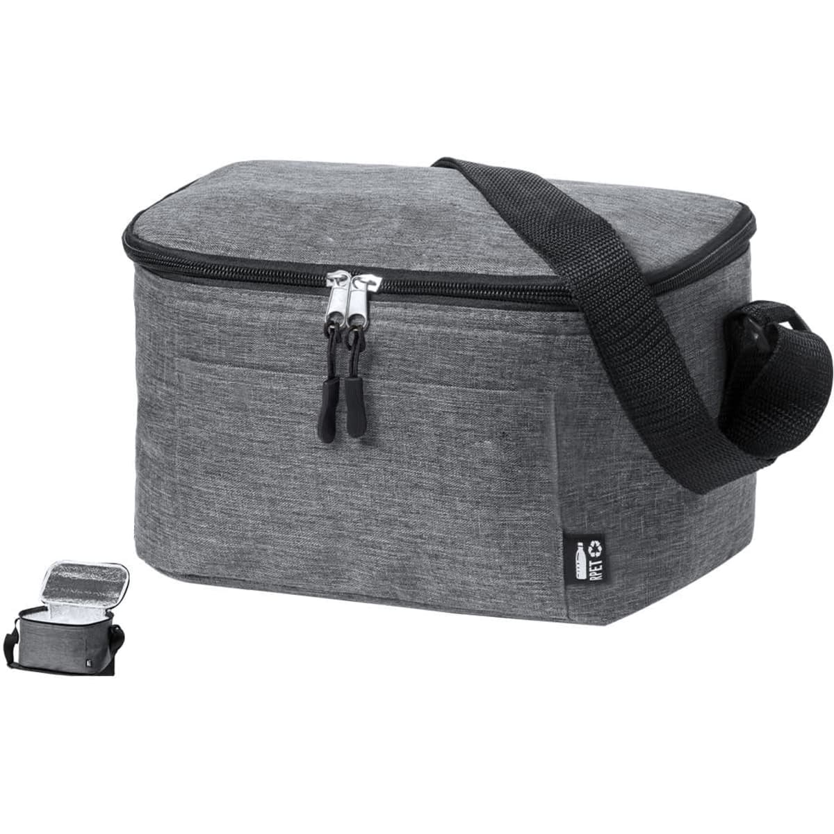 A grey cooler bag with a zippered closure and a removable shoulder strap, accompanied by a small, black container.