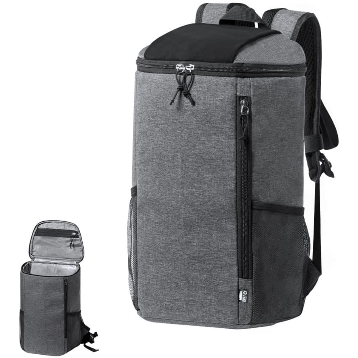 A grey cooler backpack with a black top and a branded logo, featuring zippered compartments and adjustable straps.