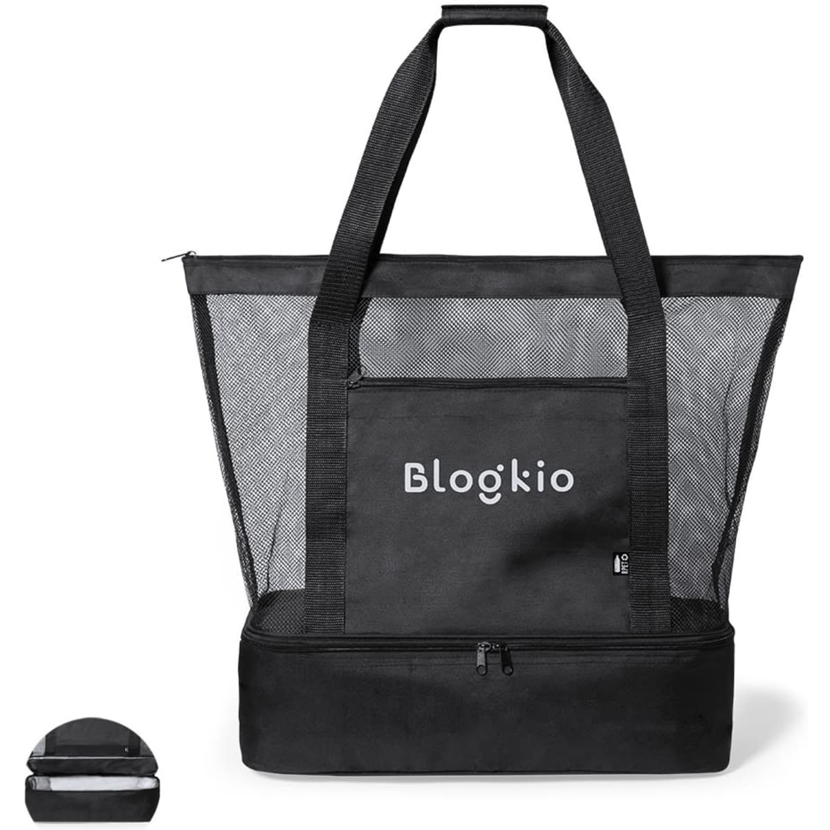 A black cooler bag with mesh side panels and a branded logo, featuring sturdy handles and a zipped compartment.