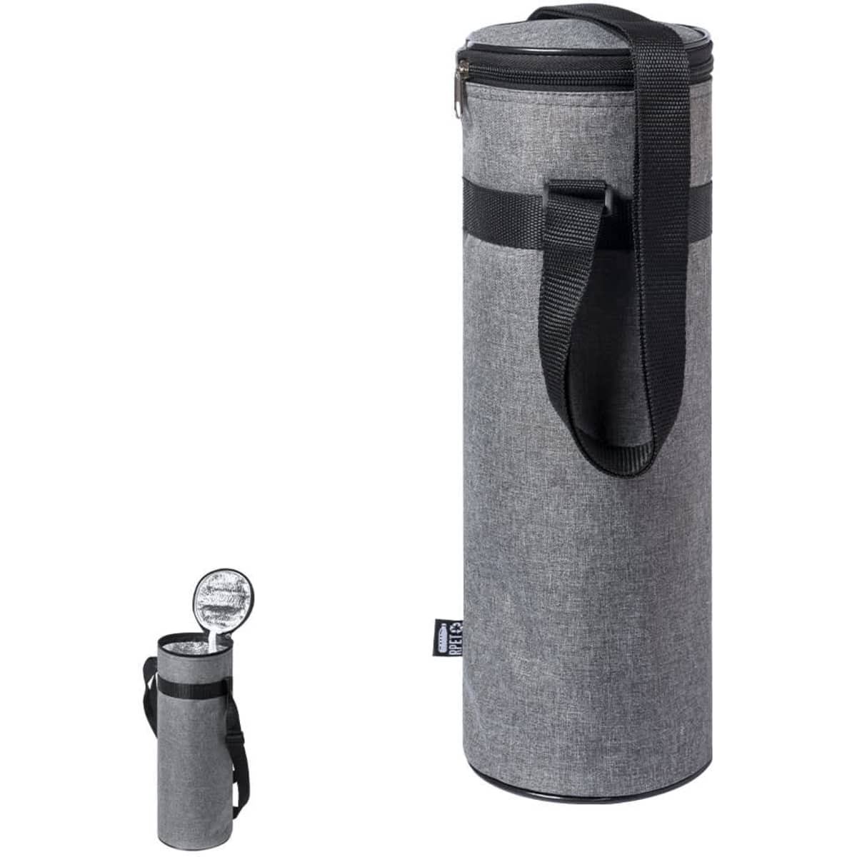 A drink bottle in a grey fabric cooler bag with a black strap and zip closure, featuring a logo.