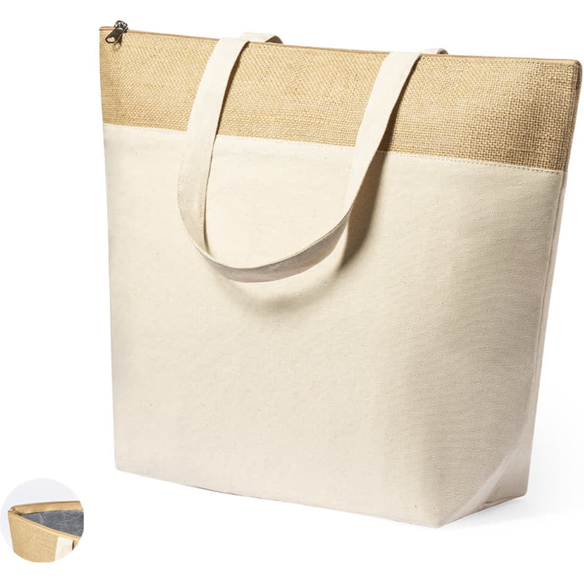A cream insulated cooler bag with a jute top and sturdy straps, featuring a zip closure.