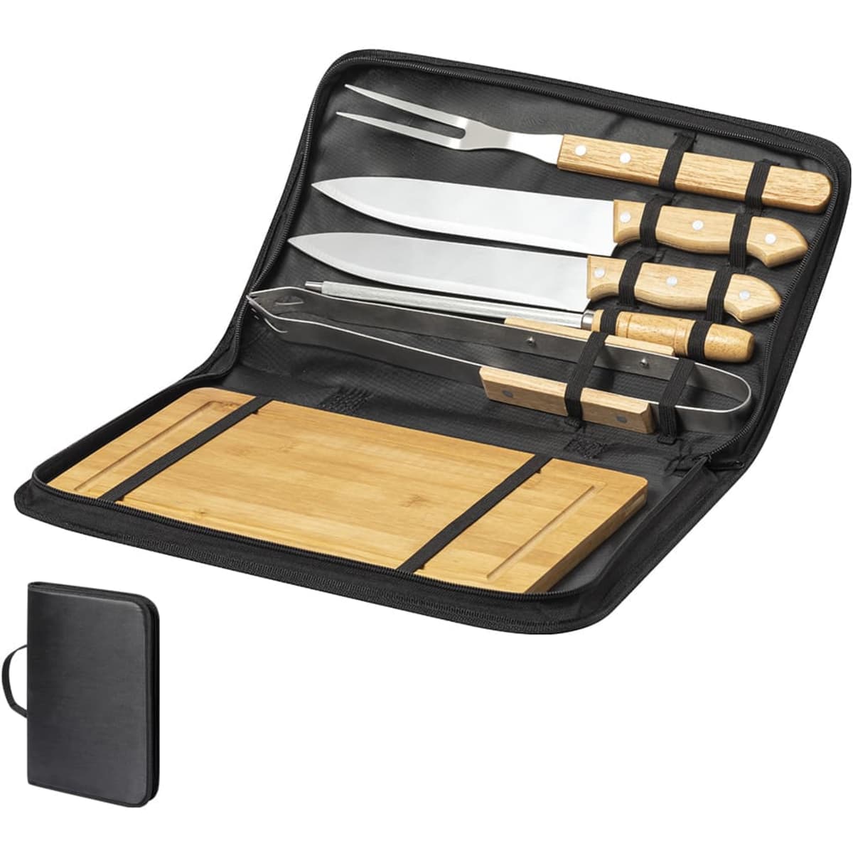A black barbecue set featuring stainless steel utensils with wooden handles, stored in a zippered case with a bamboo cutting board.