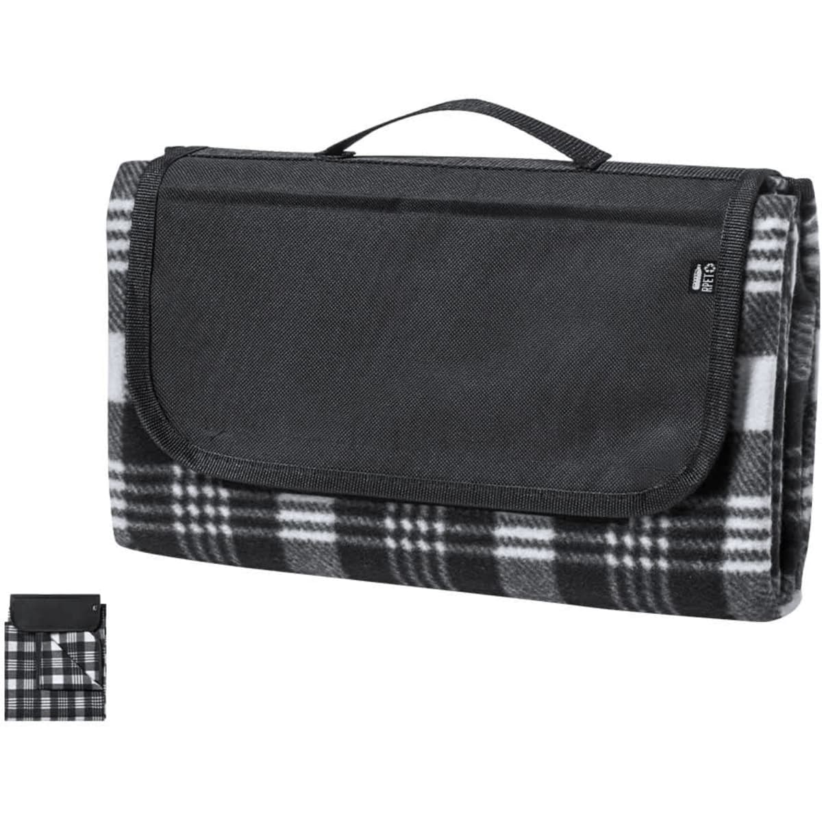 A black and grey checked blanket with a storage flap, featuring a carry handle for easy transport.