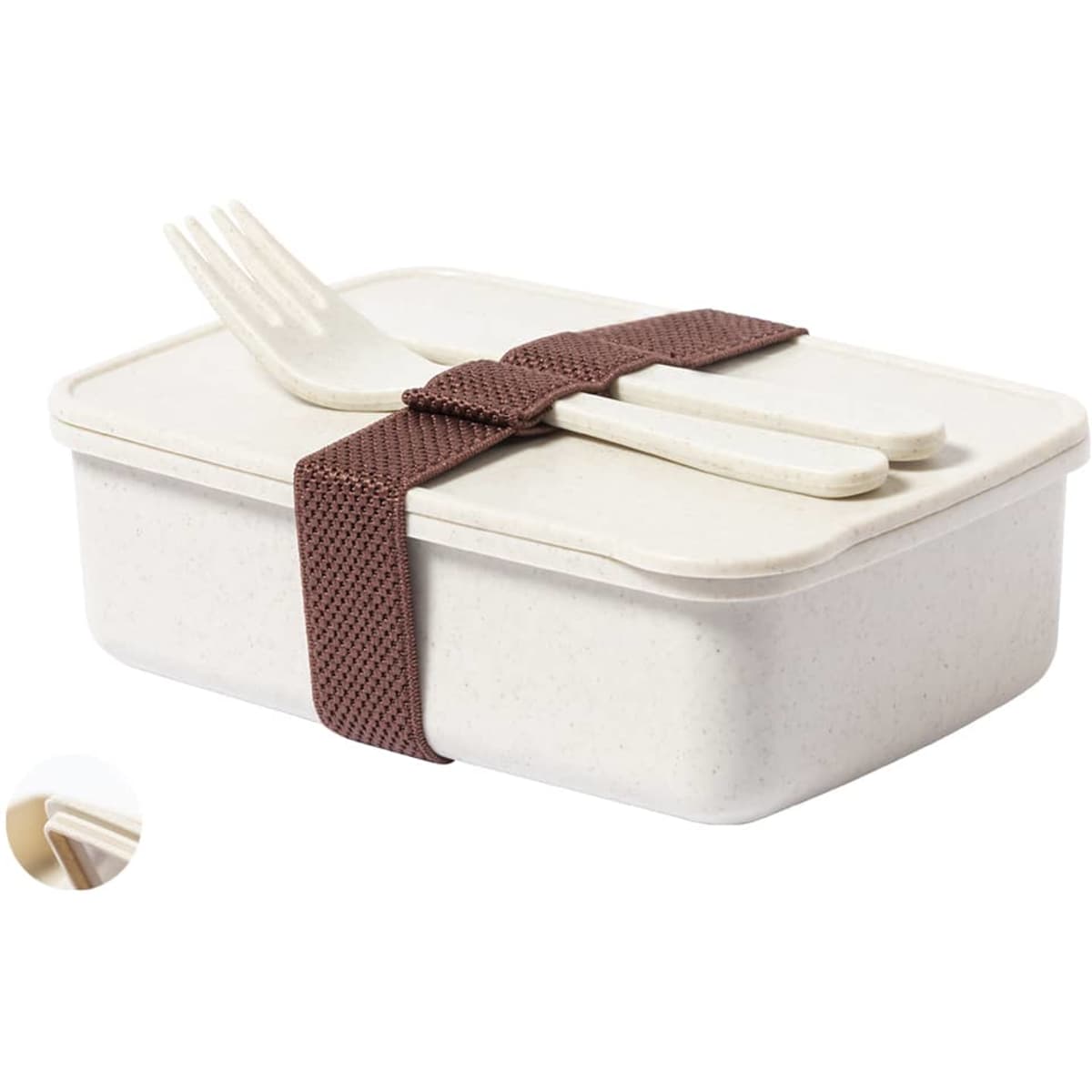 A lunch box in a cream colour, featuring a brown strap, a lid, and a fork and spoon inside.