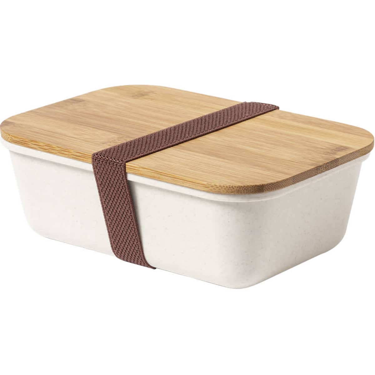 A rectangular lunch box in cream with a bamboo lid, secured by a brown elastic strap. It has a simple logo on the side.