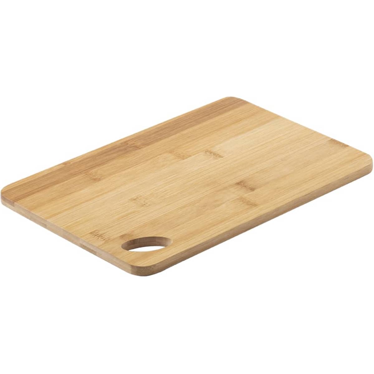 A chopping board in natural bamboo wood featuring a smooth surface and a small hole for easy handling.
