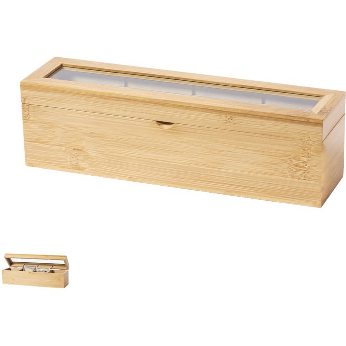 A bamboo storage box with a transparent lid, featuring multiple compartments for organising tea or coffee accessories.