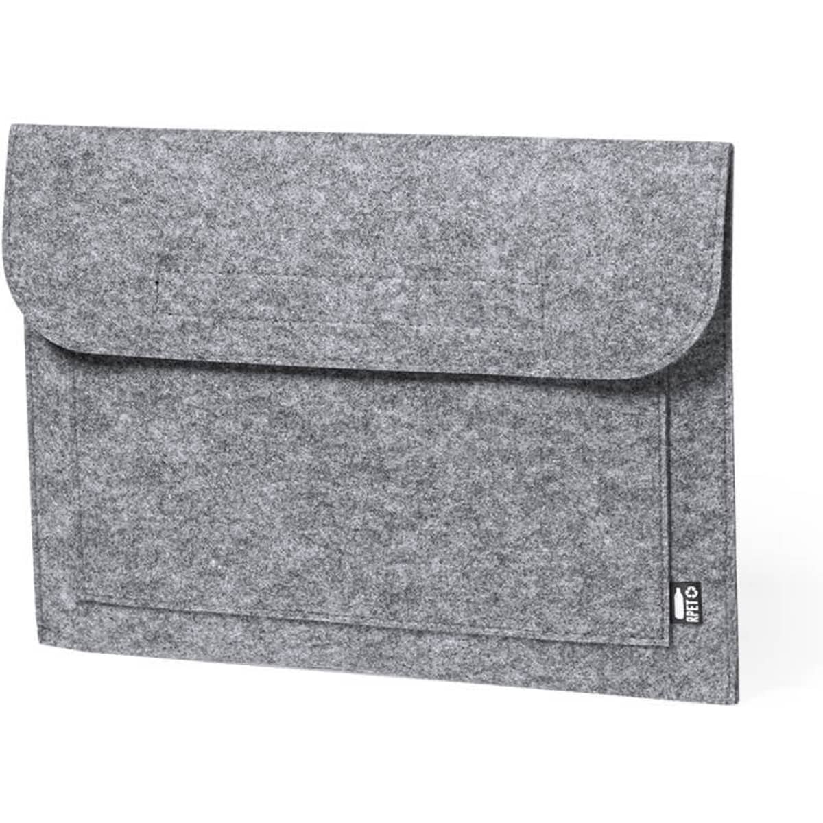 A grey felt laptop pouch with a flap closure and an exterior pocket, featuring a small logo.