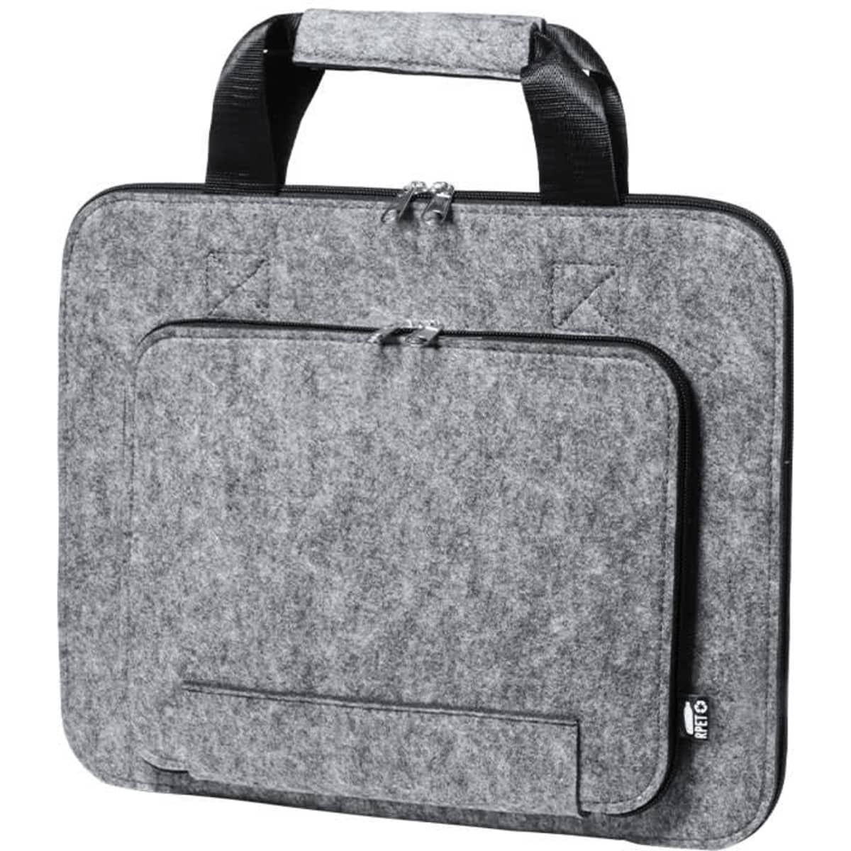 A grey felt laptop bag with two zippered compartments and a sturdy handle. It features a logo on the side.