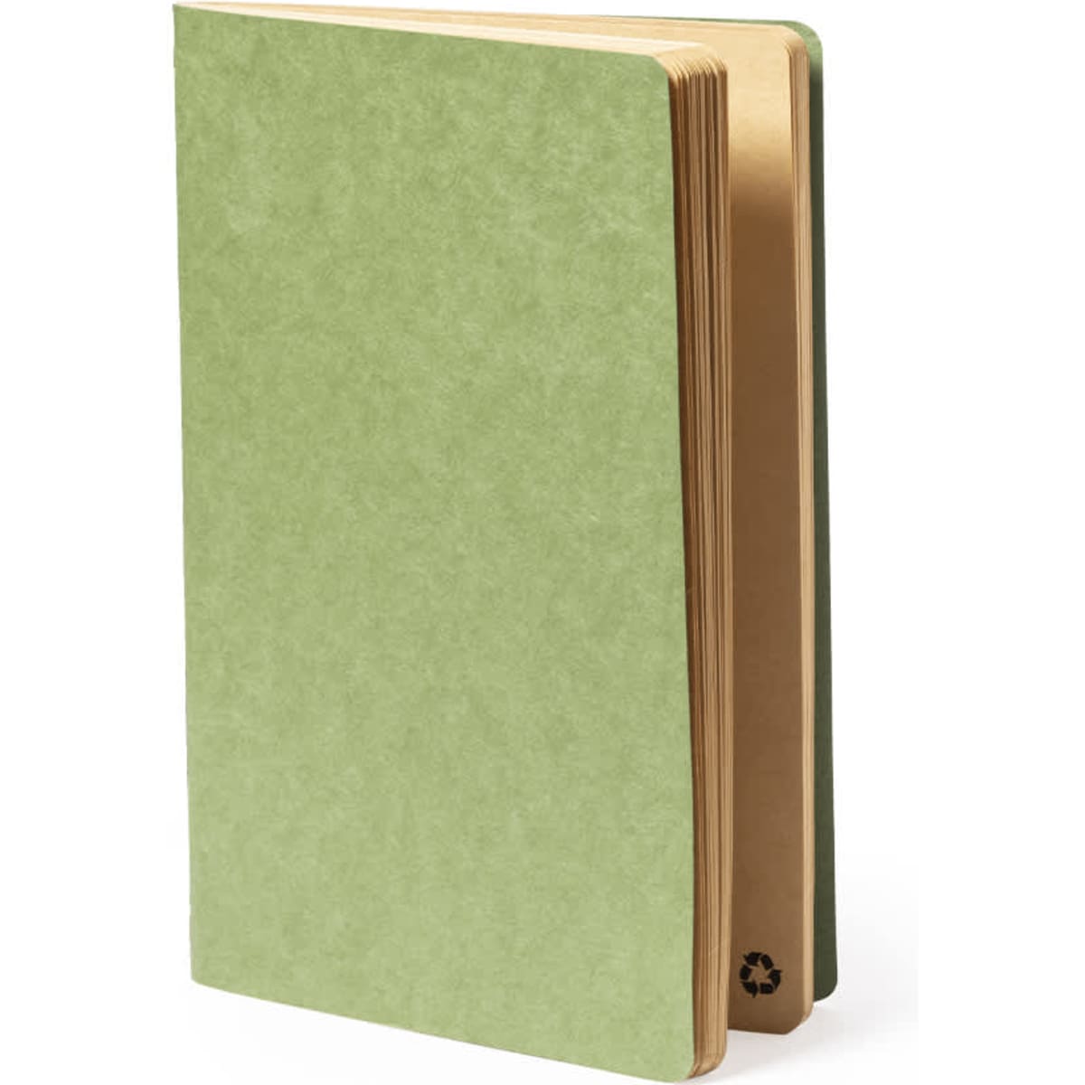 A green notebook with a textured cover and recycled paper pages, featuring a small logo on the back.