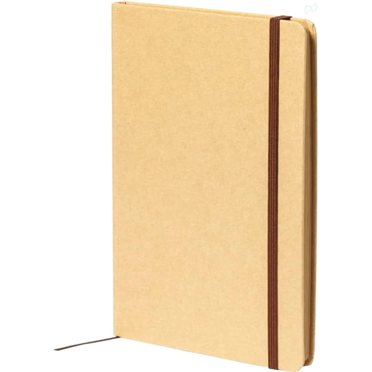 A tan Klamax notebook with a brown elastic band, featuring a smooth cover and a ribbon bookmark.