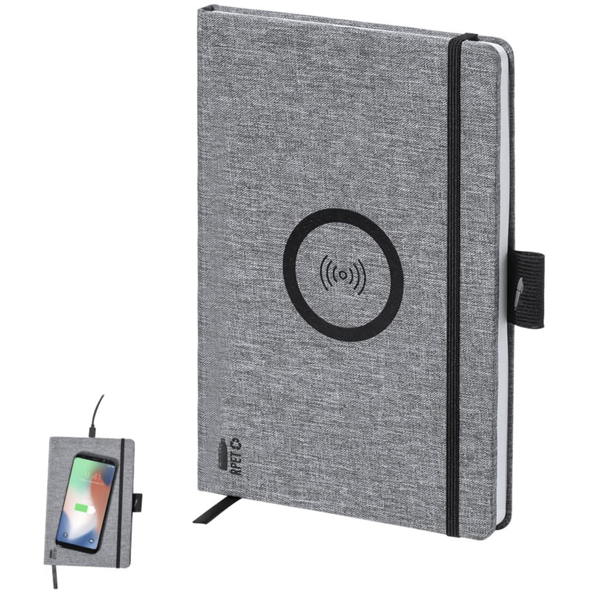 A grey notepad with a wireless charging pad on the cover and an elastic band closure. It features a logo.