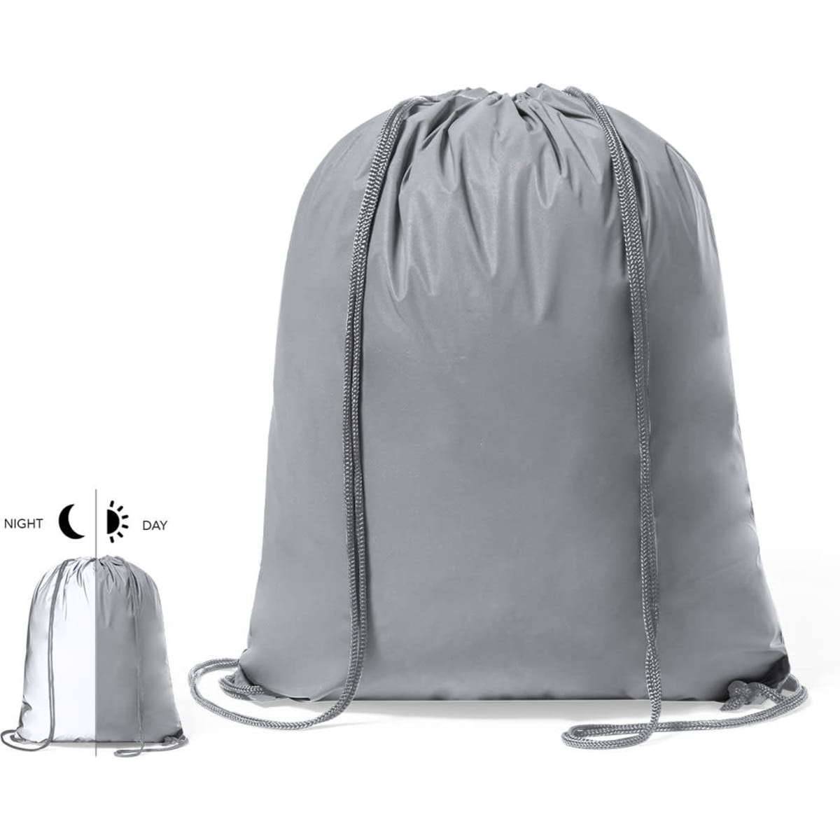 A grey drawstring bag with a matching drawstring and a logo. Features a reflective panel for visibility.