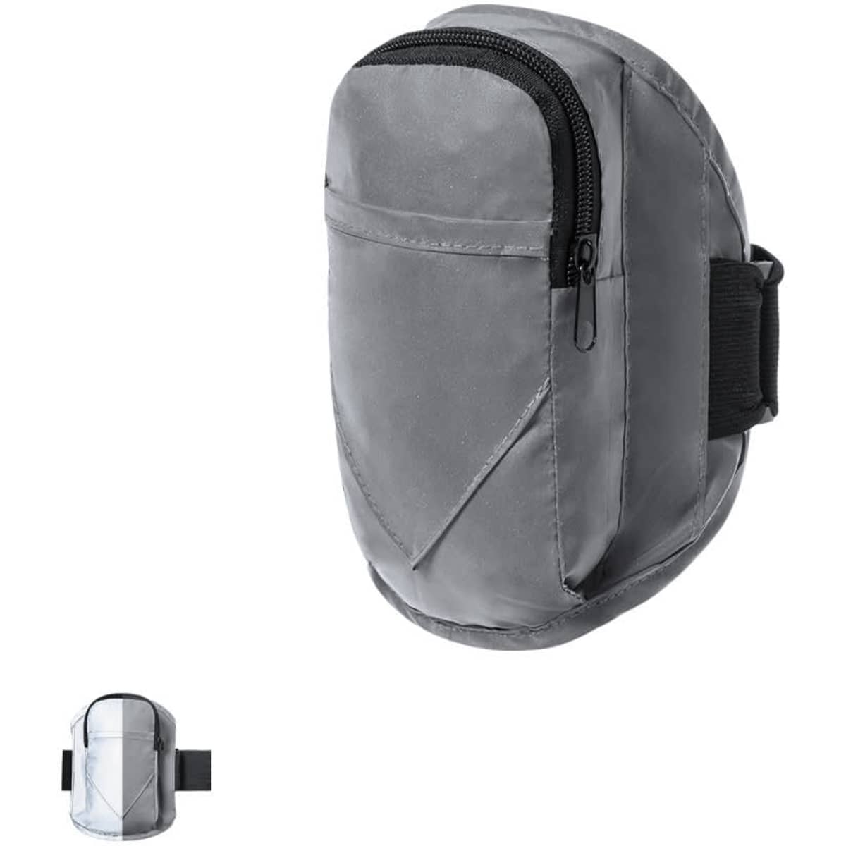 A grey sports gear pouch with a zipper and an adjustable strap. It features a minimalist design and a logo.