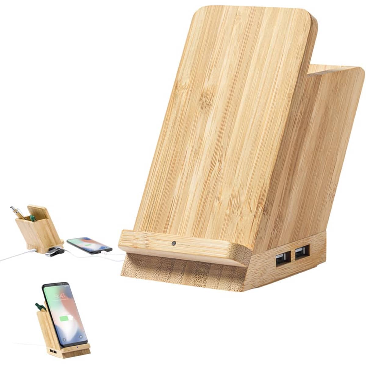 A bamboo wireless charger with a stand and USB ports, designed for charging phones and storing accessories.