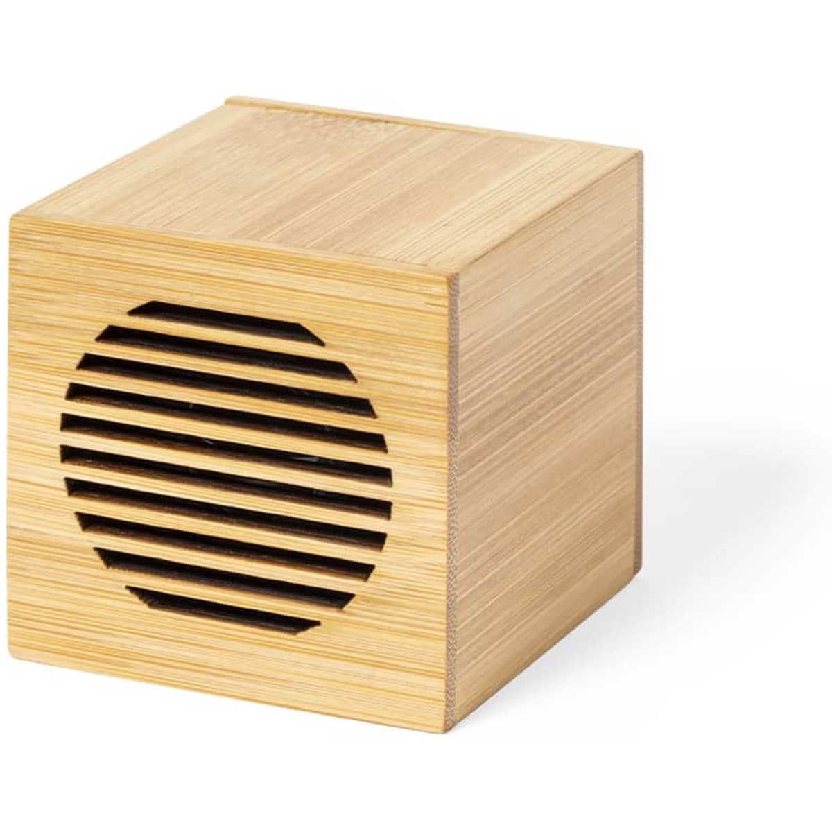 A bamboo Bluetooth speaker with a sleek cube design and vented front for sound projection.