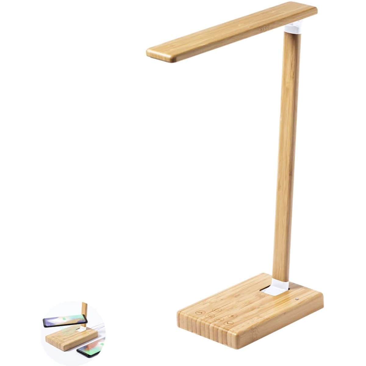 A wireless charger lamp made of bamboo, featuring a sleek design with a white accent and a rectangular base.