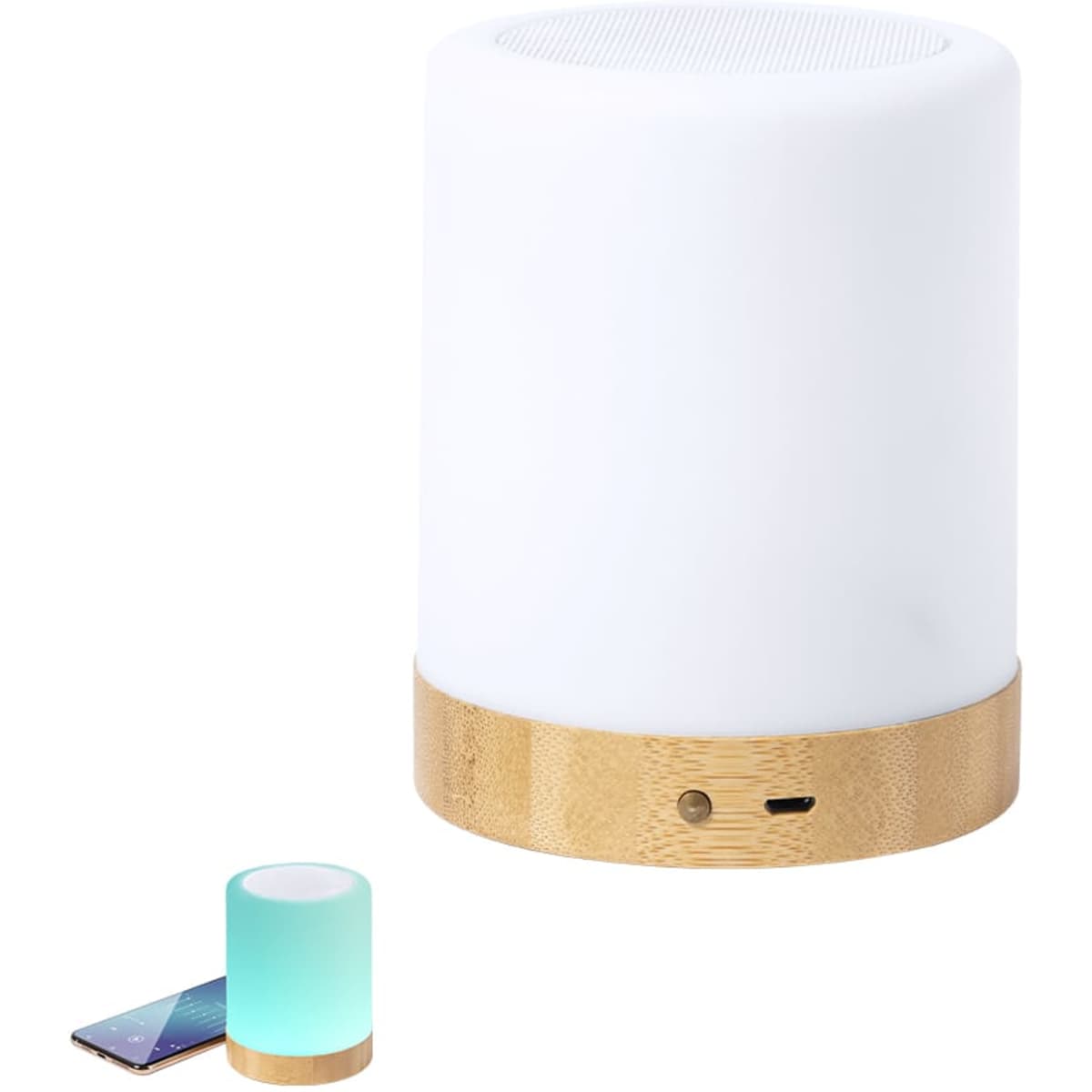 A cylindrical white Bluetooth speaker with a wooden base, featuring a glowing blue light at the top.