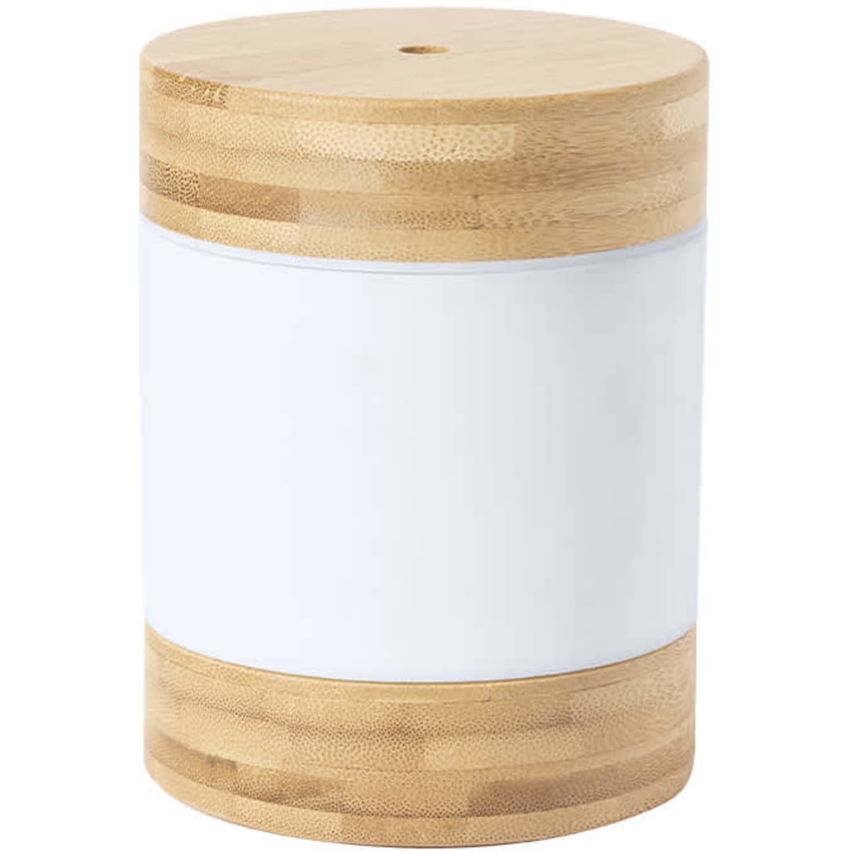 A cylindrical container with a bamboo lid and a white body, suitable for home storage.