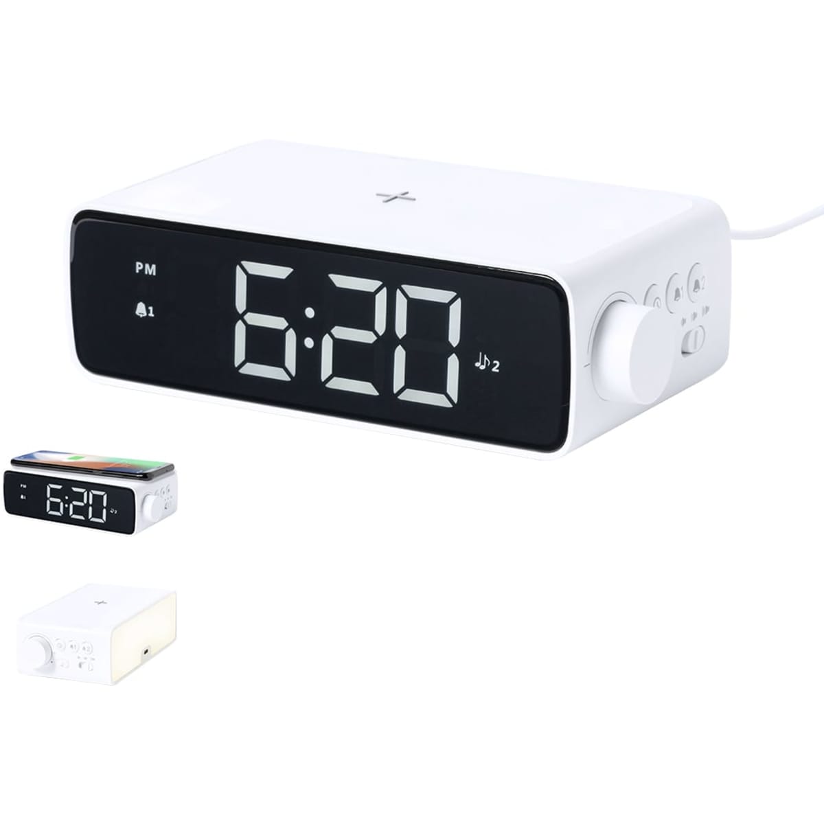 A white digital clock with a large display and buttons, featuring a sleek design and a branding logo.