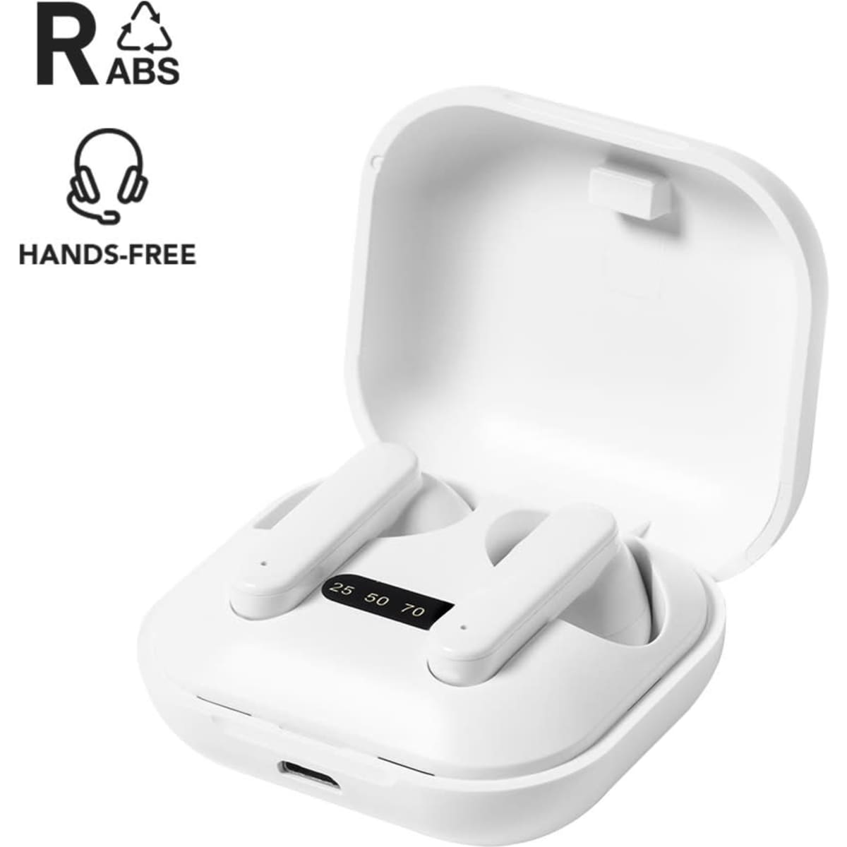 White wireless earphones in a charging case with an open lid, featuring a charging indicator and a logo.
