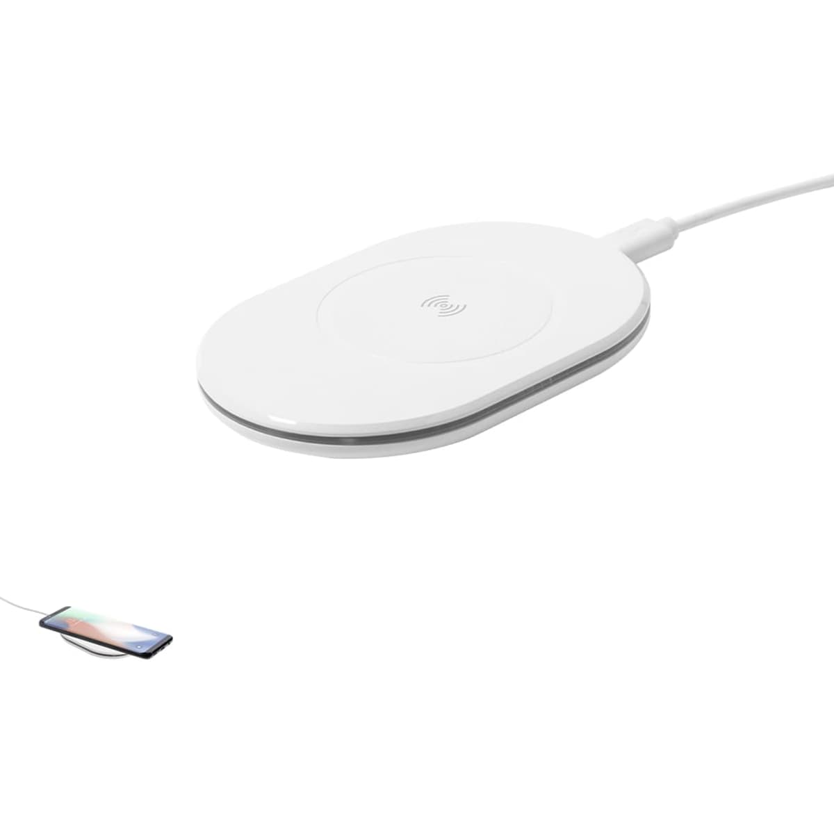A wireless charger in white with a sleek, oval design, featuring a connected cable and a phone nearby.