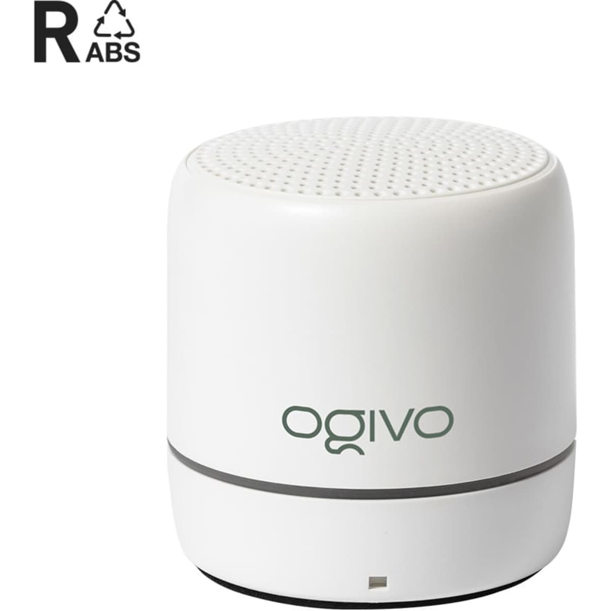 A white cylindrical speaker featuring a mesh top and a logo, suitable for audio playback.