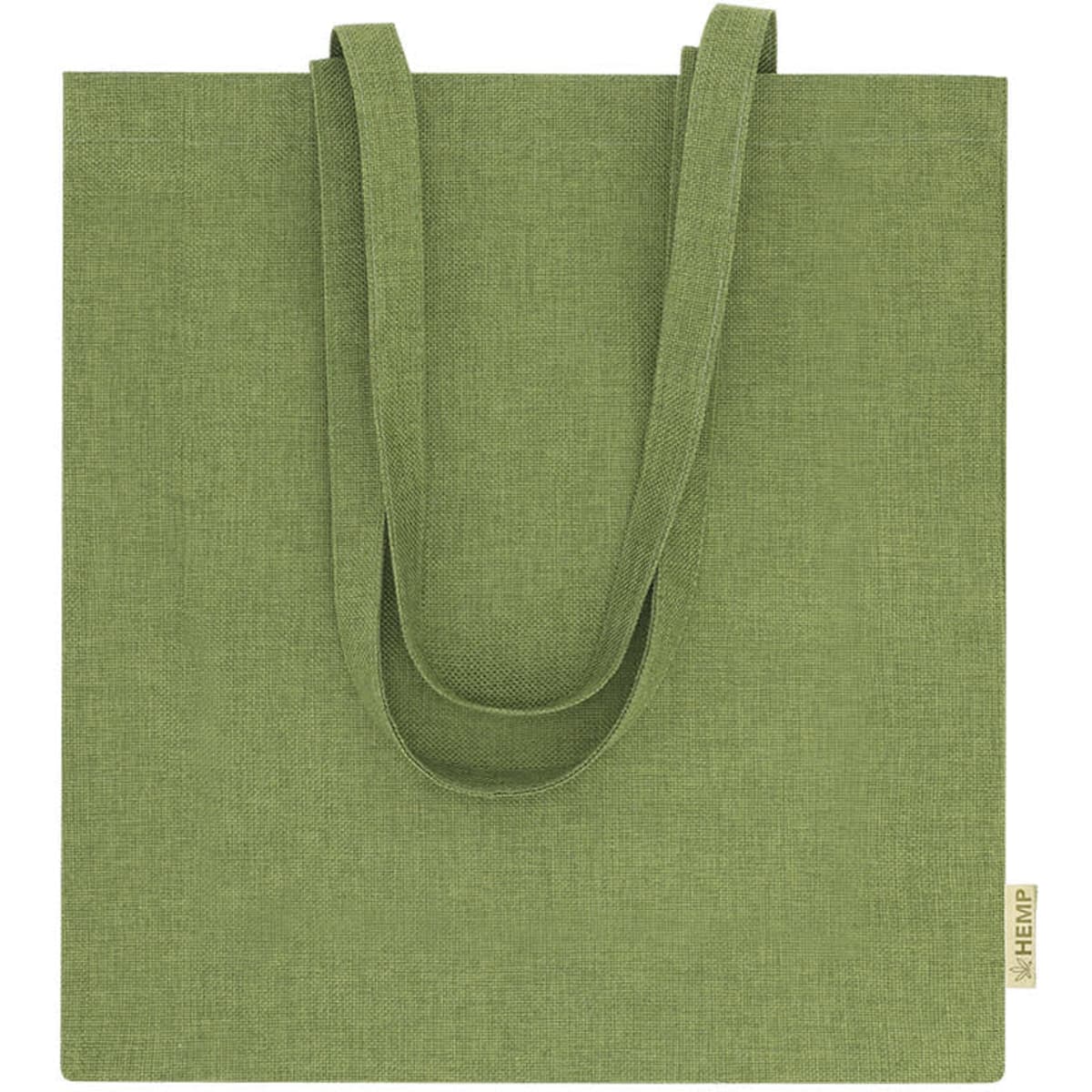A green tote bag with two handles and a small branding tag on the side.