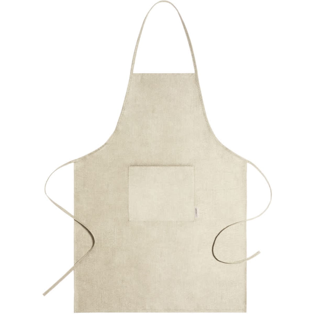A beige apron with a pocket and ties on either side, featuring a logo.